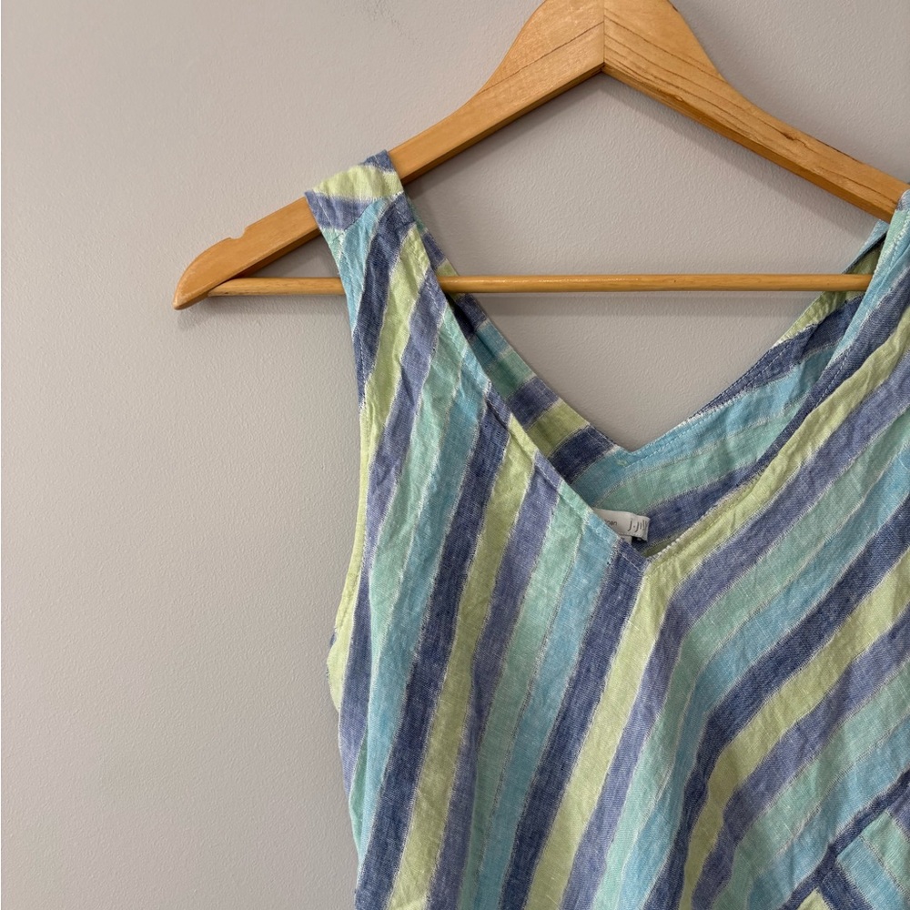 J. Jill Linen Natural Boho Sleeveless Striped V-Neck Maxi Dress Light Blue Green - Picture 2 of 5